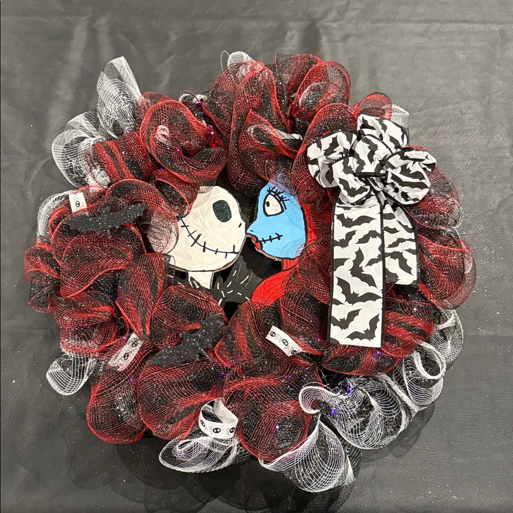 Jack and Sally Red and Black Halloween Wreath